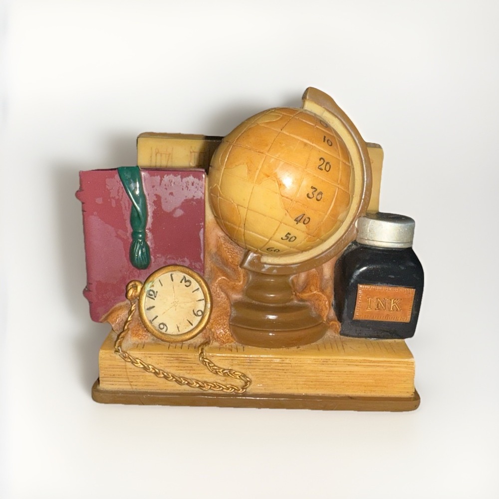 Vintage Style Resin Bookend Globe Pocket Watch Inkwell Scholarly Decor